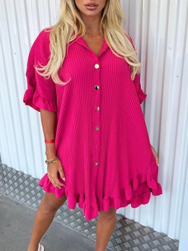 New Solid Color Shirt Dress Ruffle Sleeve Irregular Shirt Dress