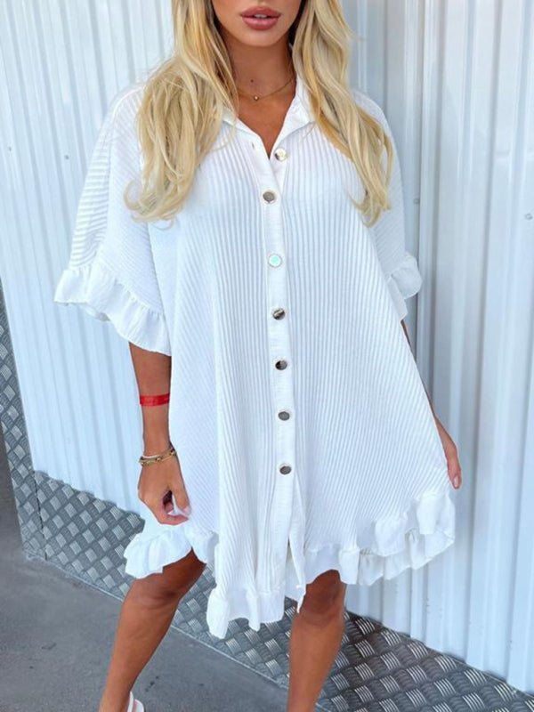 New Solid Color Shirt Dress Ruffle Sleeve Irregular Shirt Dress