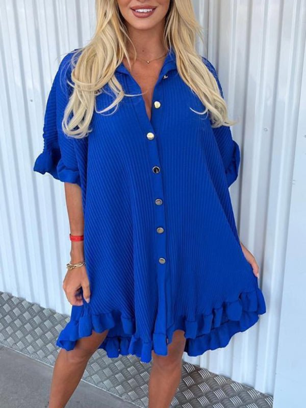 New Solid Color Shirt Dress Ruffle Sleeve Irregular Shirt Dress