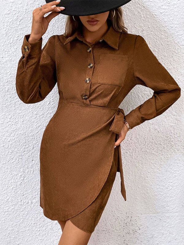 New women's corduroy lapel long sleeve waist dress