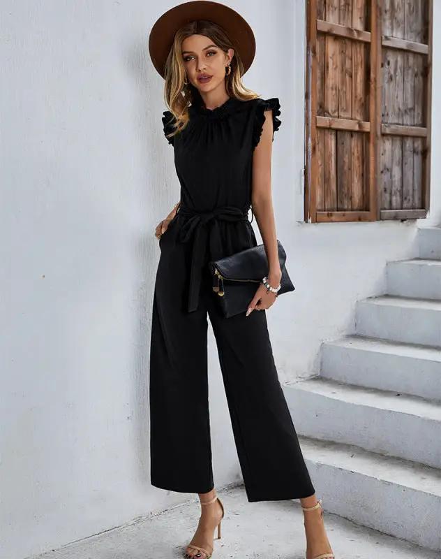 Women's elegant casual belted sleeveless jumpsuit