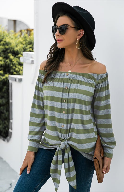 Striped Blouse With One-Shoulder Button Decoration And Tie Knot