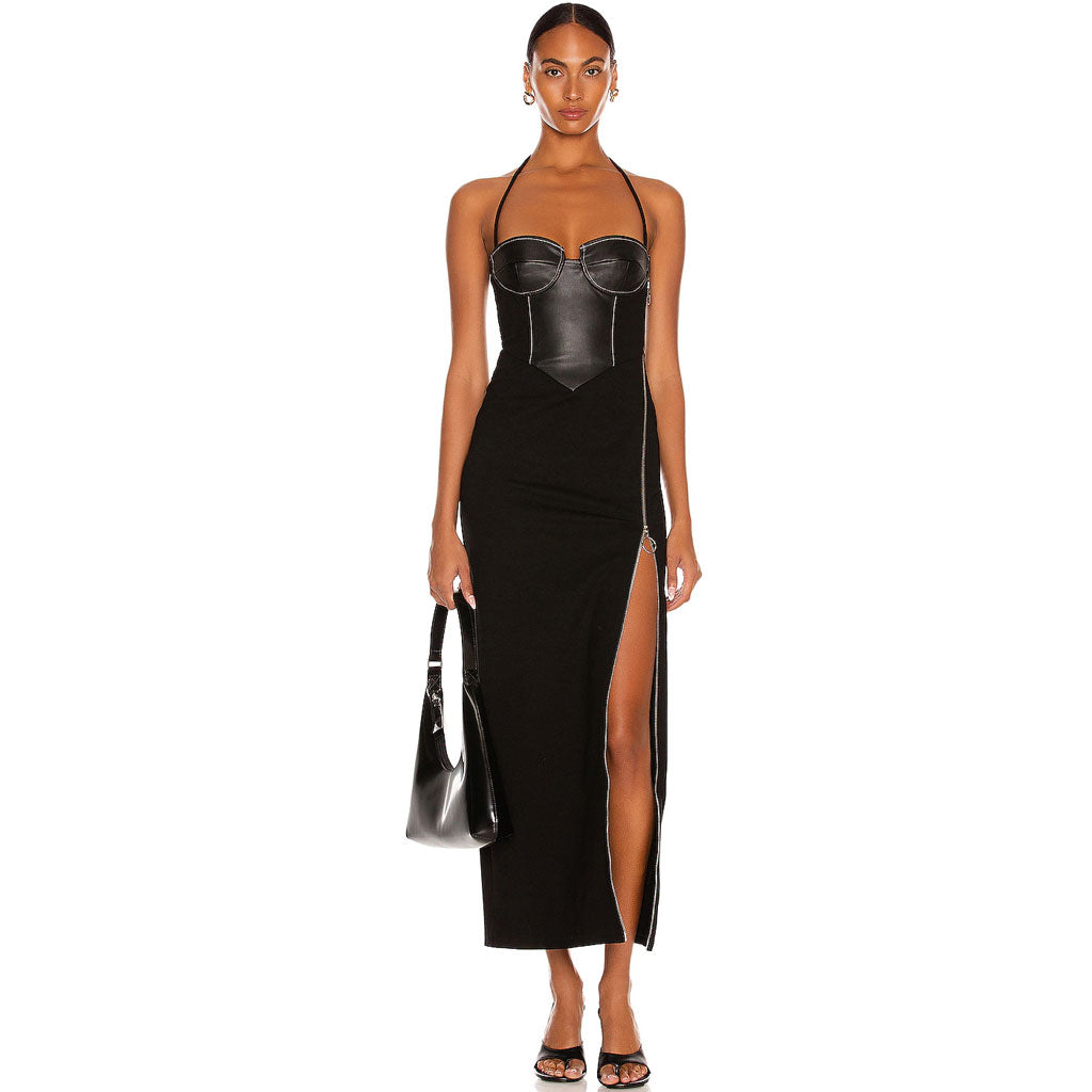 Unique Halter Zip Side Panel Leather Cocktail Midi Dress - Black