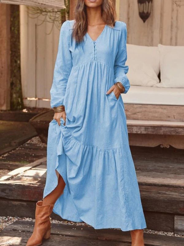 Women's Button Cotton Linen Retro Casual Long Sleeve Big Swing Dress