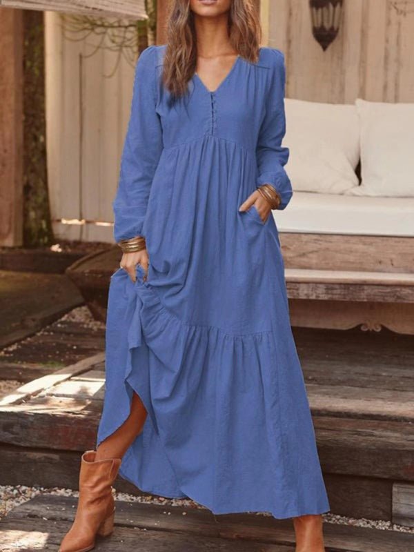 Women's Button Cotton Linen Retro Casual Long Sleeve Big Swing Dress