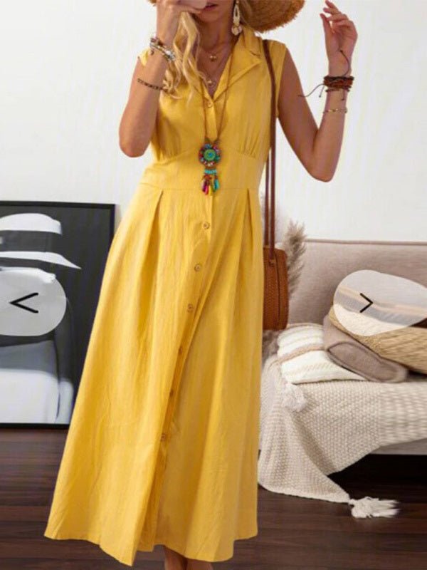 Women's casual lapel collar sleeveless cotton and linen mid-length dress