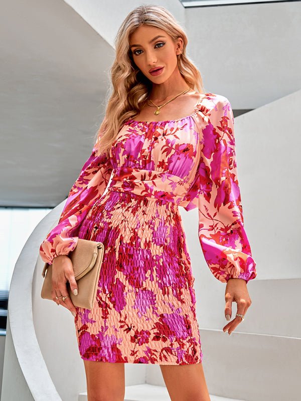 Women's fashion long sleeve slim print bag hip dress