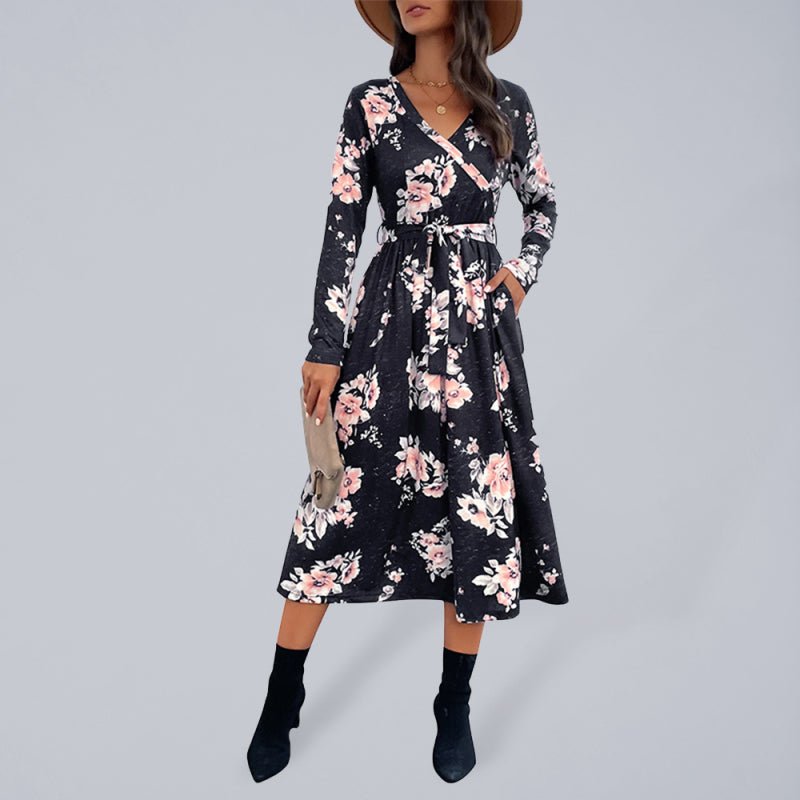 Women's Floral Print Faux Wrap Waist Tie Midi Dress