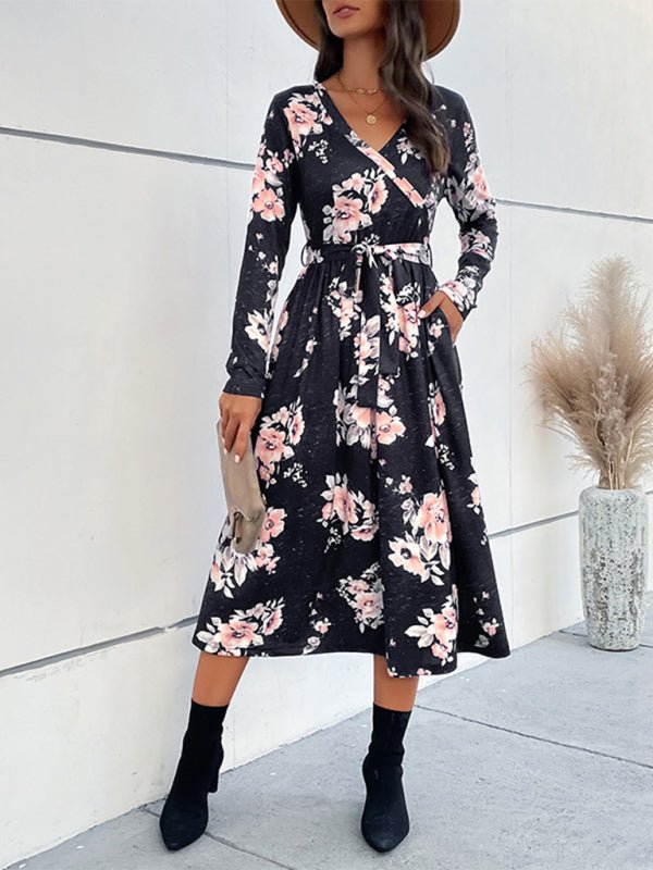 Women's Floral Print Faux Wrap Waist Tie Midi Dress