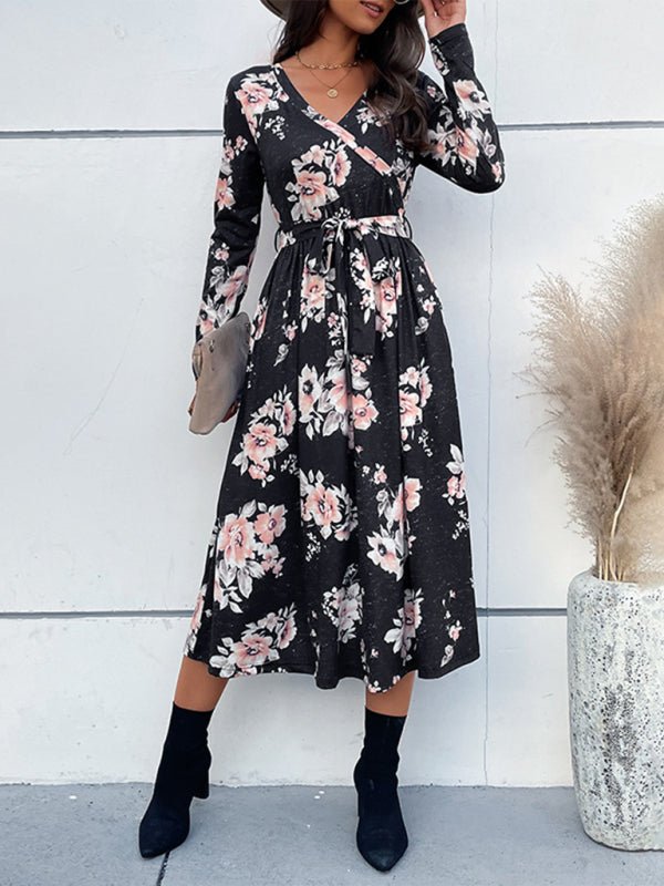 Women's Floral Print Faux Wrap Waist Tie Midi Dress