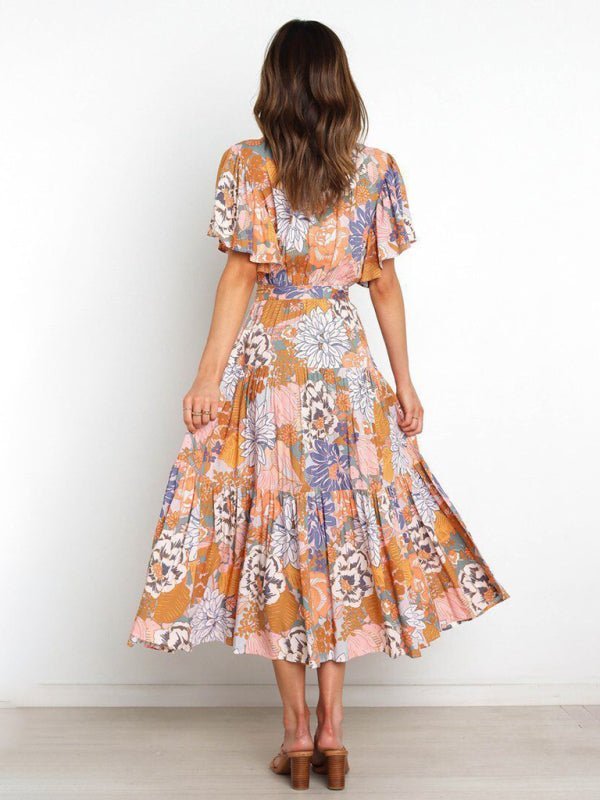 Women's Floral Print Flutter Sleeve Faux Wrap Midi Dress