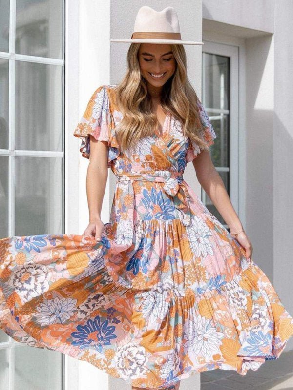 Women's Floral Print Flutter Sleeve Faux Wrap Midi Dress