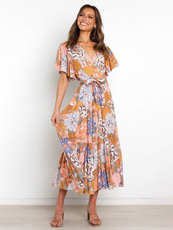 Women's Floral Print Flutter Sleeve Faux Wrap Midi Dress