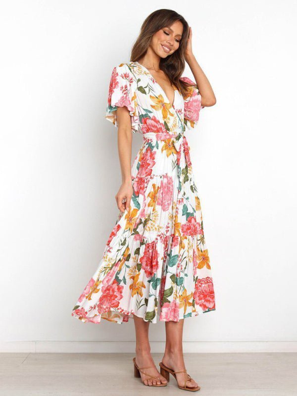 Women's Floral Print Flutter Sleeve Faux Wrap Midi Dress