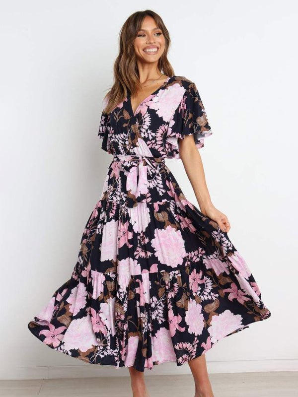 Women's Floral Print Flutter Sleeve Faux Wrap Midi Dress