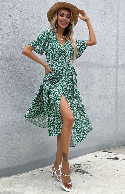 Women's Floral Print V Neck Wrap Knot Side Short Sleeve Dress