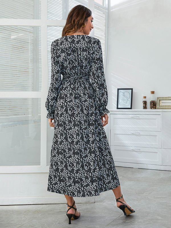 Women's Floral Smocked Waist Long Sleeve Midi Dress