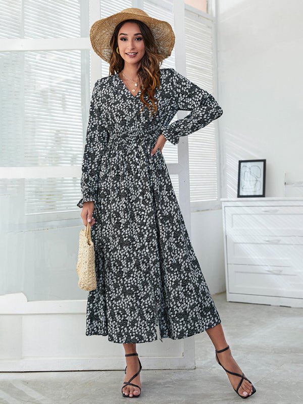 Women's Floral Smocked Waist Long Sleeve Midi Dress