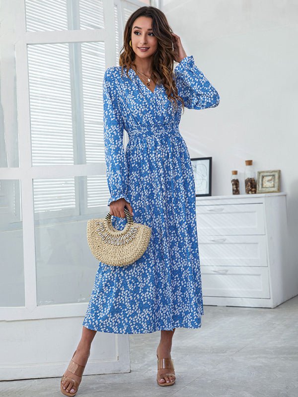 Women's Floral Smocked Waist Long Sleeve Midi Dress