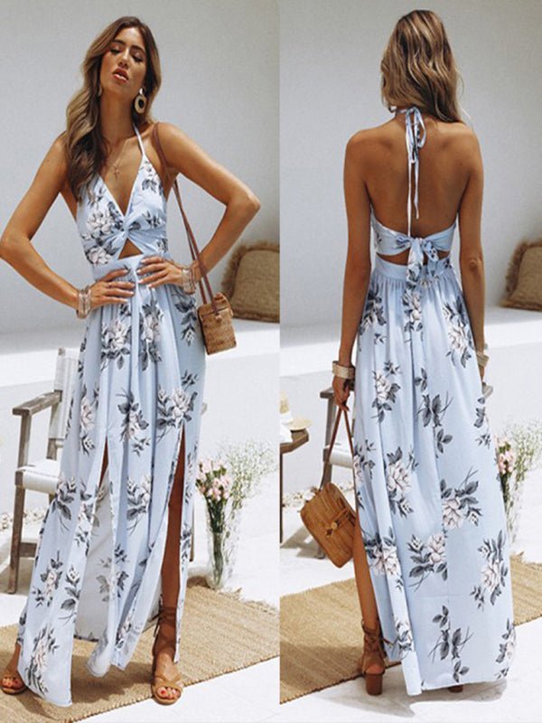 Women's halter V-neck chiffon print dress sexy split beach dress