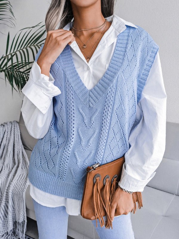 Women's hollow out fried dough twist V-neck knitted vest sweater