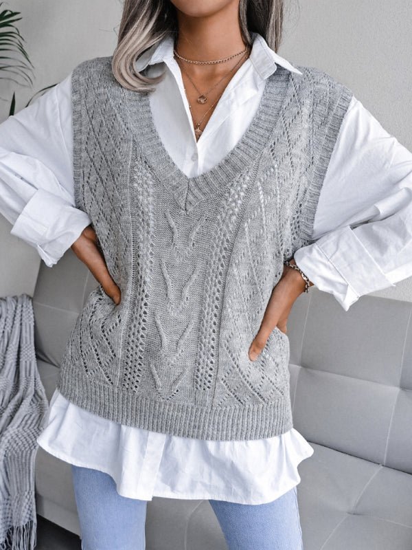 Women's hollow out fried dough twist V-neck knitted vest sweater