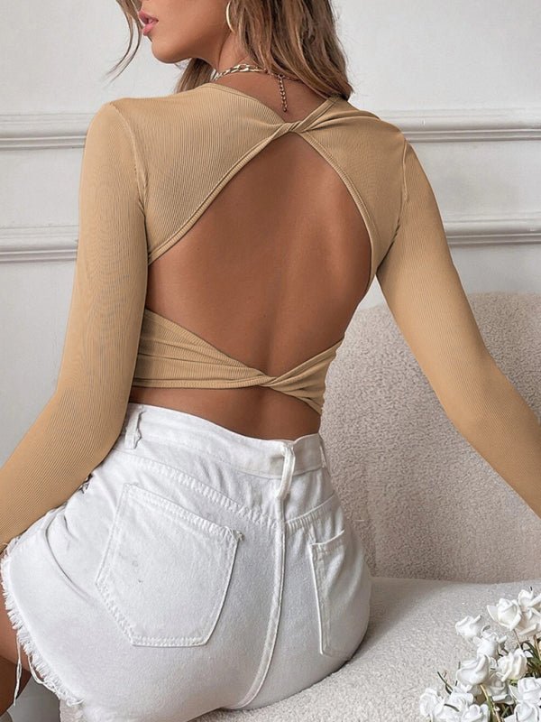 Women's Knitted Sexy Backless Cropped Long Sleeve T-Shirt