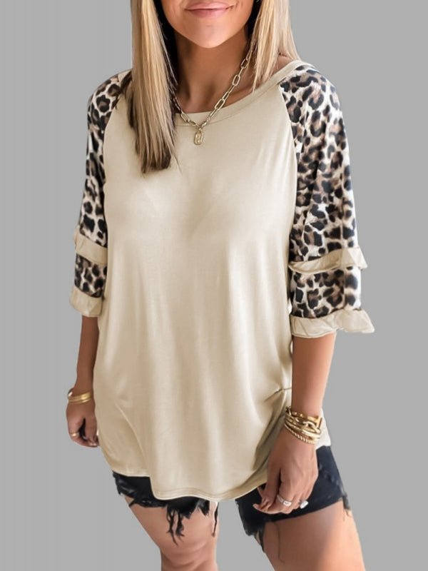 Women's leopard print stitching round neck loose T-shirt