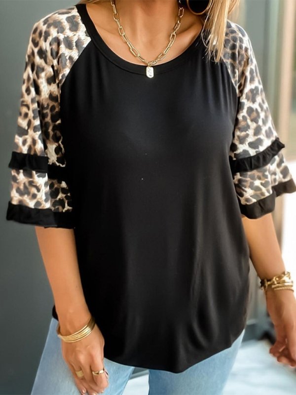 Women's leopard print stitching round neck loose T-shirt