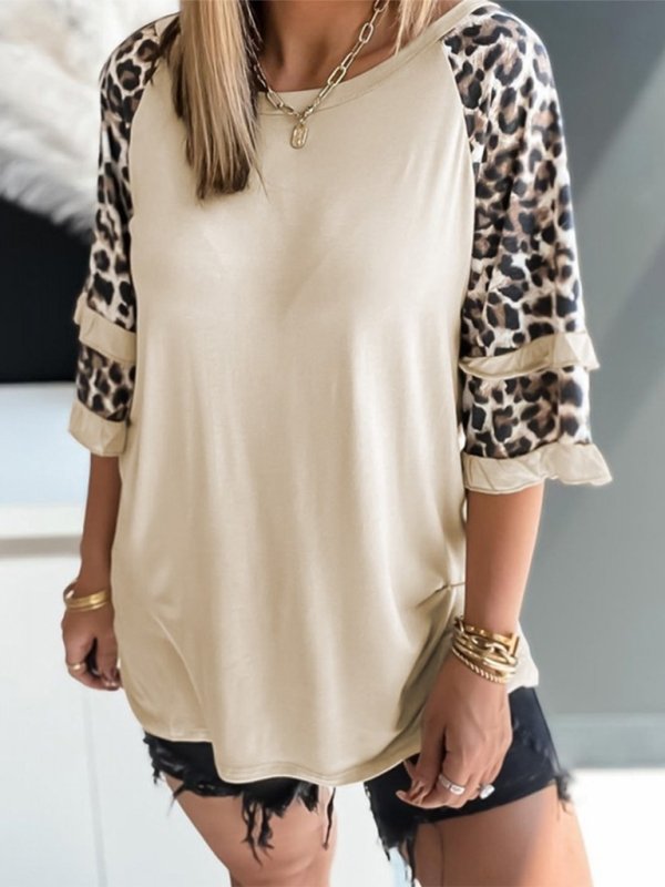 Women's leopard print stitching round neck loose T-shirt