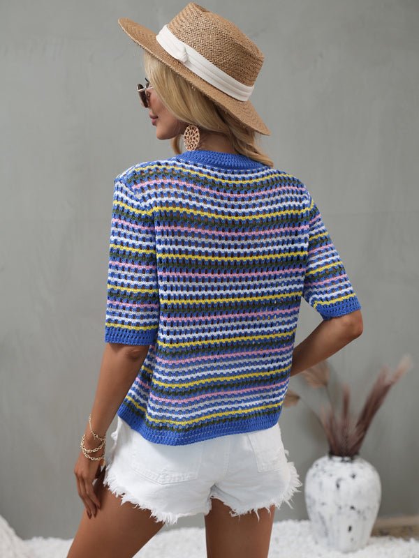 Women's Smock Neck Open Knit Mix Color Short Sleeve Sweater