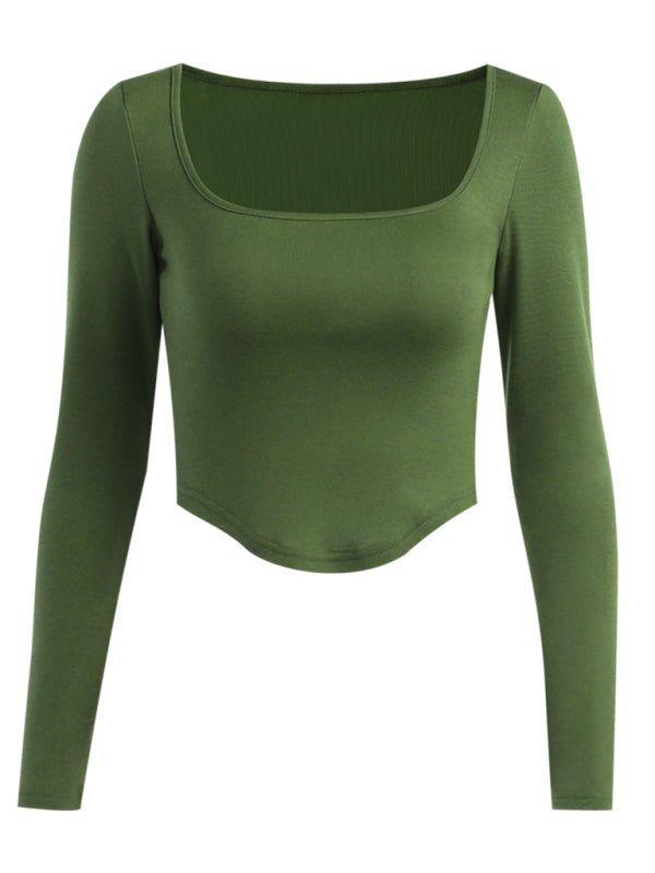 Women's Solid Color Long Sleeve Square Neckline Cropped Top