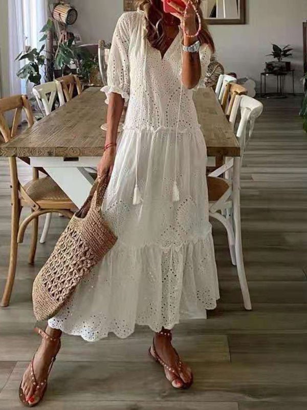 Women's Solid Color Puff Sleeve Tiered Ruffle Dress