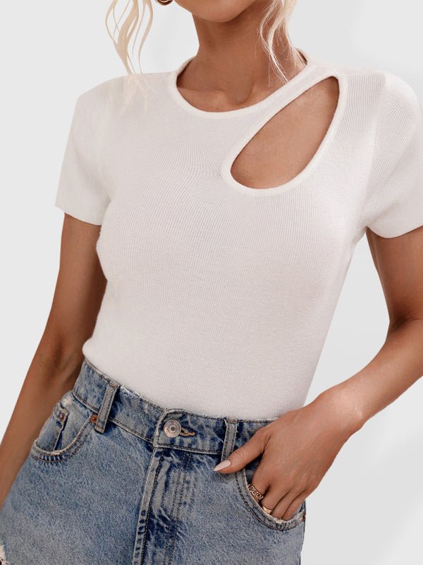 Women's Solid Color Shoulder Cutout Rib Sweater