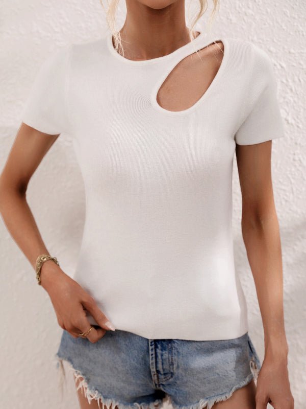 Women's Solid Color Shoulder Cutout Rib Sweater