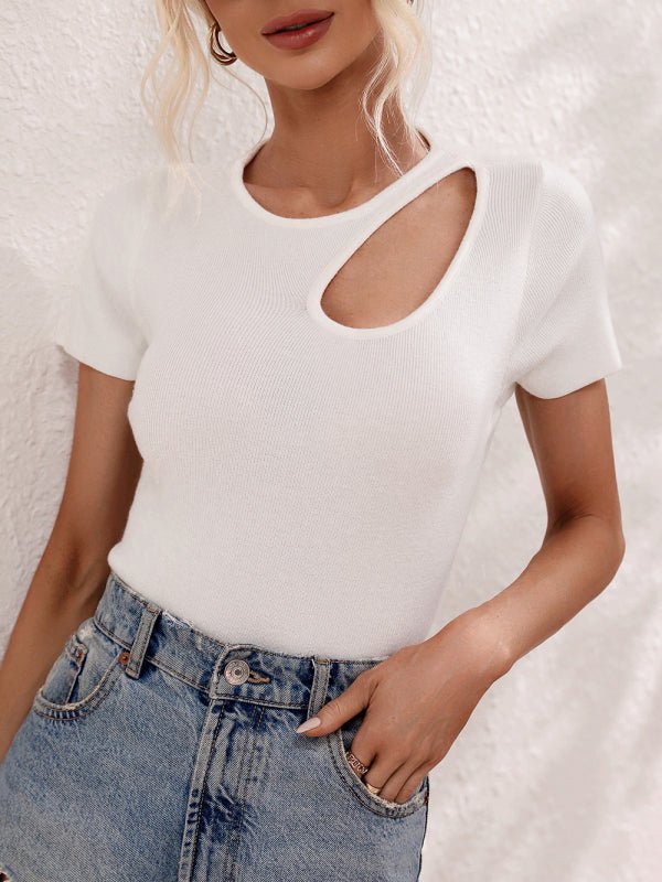 Women's Solid Color Shoulder Cutout Rib Sweater