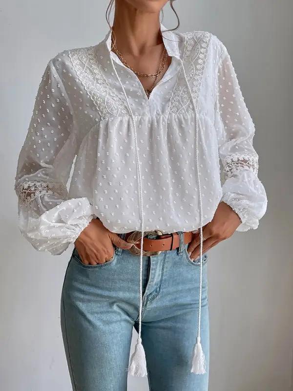 Women's Solid Color Split Neck With Ties Long Sleeve Lace Trim Blouse