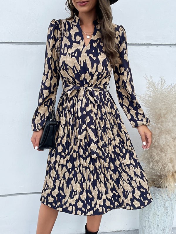 Women's Woven Pleated Print Long Sleeve Dress