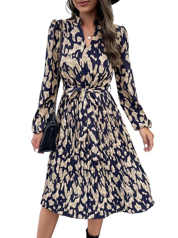 Women's Woven Pleated Print Long Sleeve Dress