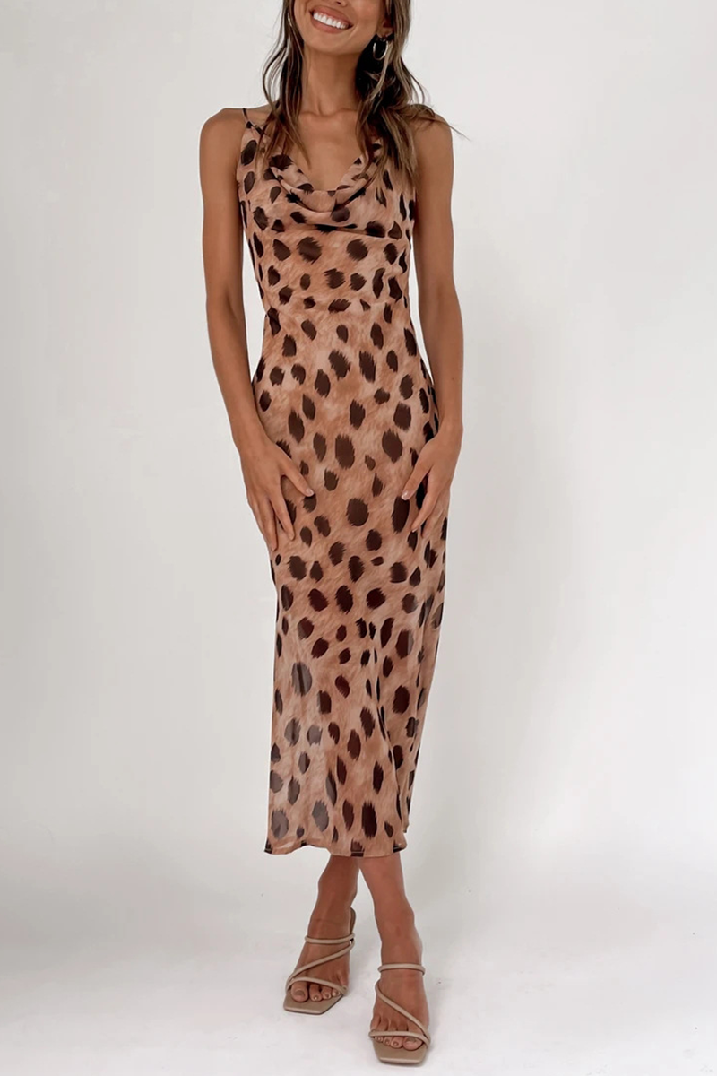 Sexy Animal Print Leopard Patchwork Spaghetti Strap Pencil Skirt Dresses