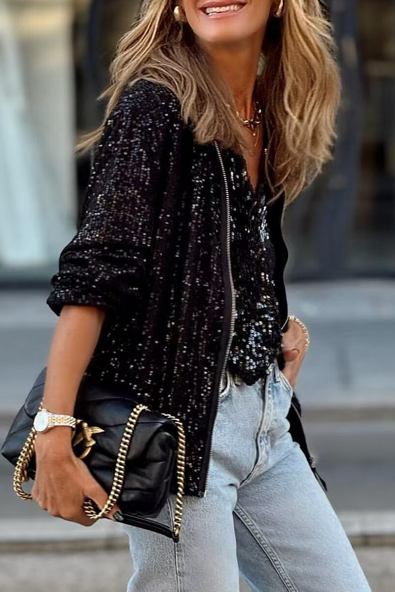 Casual Solid Sequins O Neck Outerwear