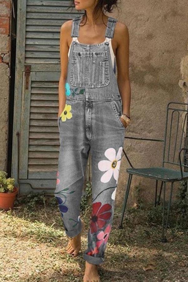 Noveify Flower-printed Baggy Jeans With Suspenders(3 Colors)